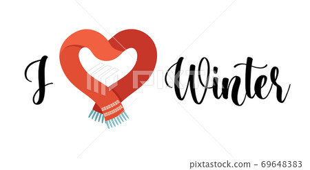 Winter love. I love winter card, sticker, icon with lettering and flat vector icon, isolated on 69648383