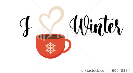 Winter love. I love winter card, sticker, icon with lettering and flat vector icon, isolated on 69648384