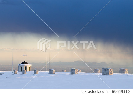 First world war memorial during storm, Italy landmark 69649310