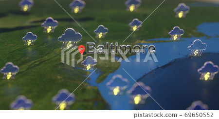 Baltimore city and stormy weather icon on the map, weather forecast related 3D rendering 69650552
