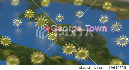 Sunny weather icons near George town city on the map, weather forecast related 3D rendering 69650556