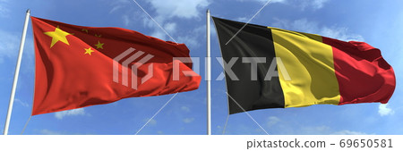 Waving flags of China and Belgium on flagpoles, 3d rendering 69650581