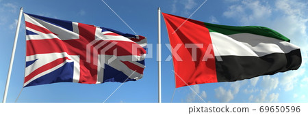 Flags of Great Britain and the UAE on flagpoles. 3d rendering 69650596