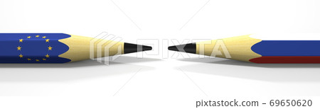 Two pencils with flags of the EU and Russia, political conflict related 3d rendering Two pencils with flags of the EU and Russia, political conflict related 3d rendering 69650620