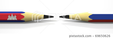 Opposing pencils with flags of Cambodia and Russia. Conflict concept, 3d rendering Opposing pencils with flags of Cambodia and Russia. Conflict concept, 3d rendering 69650626