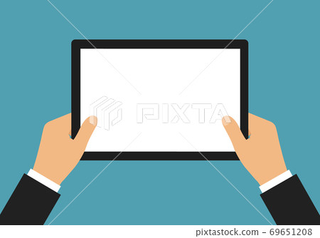Flat design illustration of manager hands in suit holding tablet with blank white touch screen and space for text, vector Flat design illustration of manager hands in suit holding tablet with blank white touch screen and space for text, vector 69651208