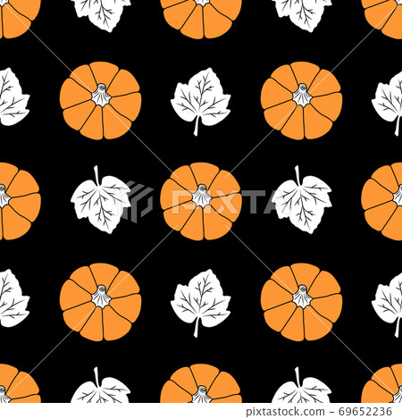 Orange Pumpkins with white leaves on a black background. Seamless vector pattern. Autumn illustrations for holiday decorations, cards, banners, wrappings, prints, fabrics, wrapping papers, textiles. Orange Pumpkins with white leaves on a black background. Seamless vector pattern. Autumn illustrations for holiday decorations, cards, banners, wrappings, prints, fabrics, wrapping papers, textiles. 69652236