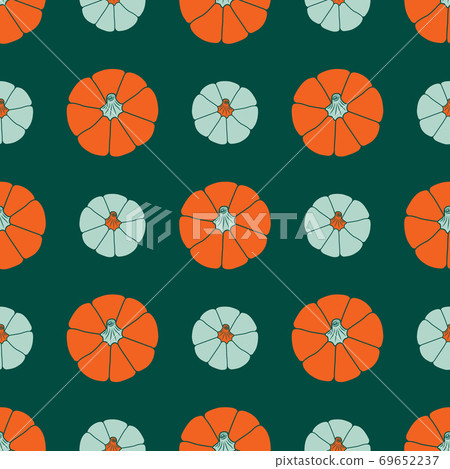 Colorful pumpkins on a deep teal color background. Seamless vector pattern. Autumn illustrations for holiday decorations, postcards, banners, wrapping paper, modern prints, bright fabrics, textiles. Colorful pumpkins on a deep teal color background. Seamless vector pattern. Autumn illustrations for holiday decorations, postcards, banners, wrapping paper, modern prints, bright fabrics, textiles. 69652237
