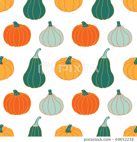 Colorful pumpkins on a white background. Seamless vector pattern. Autumn illustrations for holiday decorations, postcards, banners, festive wrapping paper, modern prints, bright fabrics and textiles. Colorful pumpkins on a white background. Seamless vector pattern. Autumn illustrations for holiday decorations, postcards, banners, festive wrapping paper, modern prints, bright fabrics and textiles. 69652238