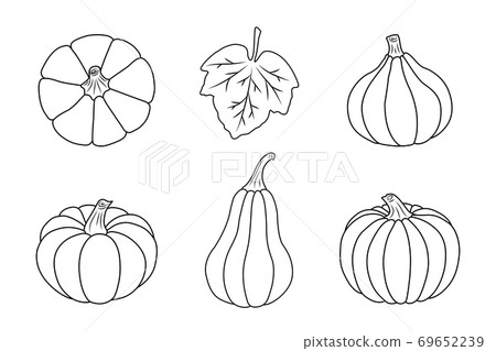 Pumpkin icons set. Isolated black outline on a white background. Simple style. Vector illustration. Great for use as minimalist designs, banners, postcards, prints, textiles, logos, and other ideas. Pumpkin icons set. Isolated black outline on a white background. Simple style. Vector illustration. Great for use as minimalist designs, banners, postcards, prints, textiles, logos, and other ideas. 69652239
