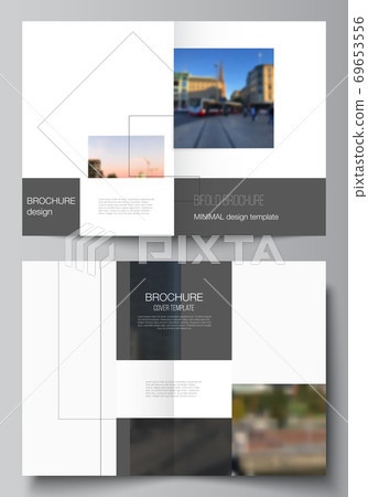 Vector layout of two A4 format cover mockups design templates with geometric simple shapes, lines and photo place for bifold brochure, flyer, magazine, cover design, book, brochure cover. 69653556