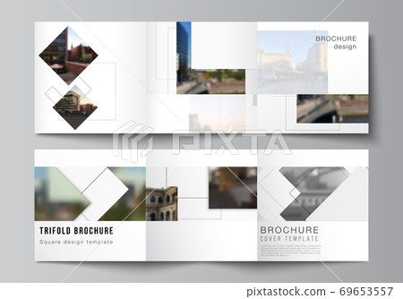 Vector layout of square format covers design templates with geometric simple shapes, lines and photo place for trifold brochure, flyer, magazine, cover design, book, brochure cover. Vector layout of square format covers design templates with geometric simple shapes, lines and photo place for trifold brochure, flyer, magazine, cover design, book, brochure cover. 69653557