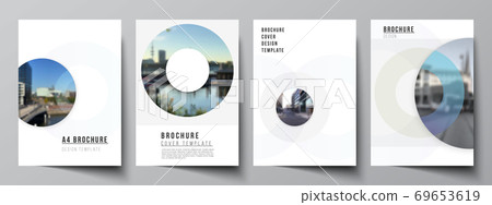 Vector layout of A4 cover mockups templates for brochure, flyer layout, booklet, cover design, book design, brochure cover. Background template with rounds, circles for IT, technology. Minimal style. Vector layout of A4 cover mockups templates for brochure, flyer layout, booklet, cover design, book design, brochure cover. Background template with rounds, circles for IT, technology. Minimal style. 69653619