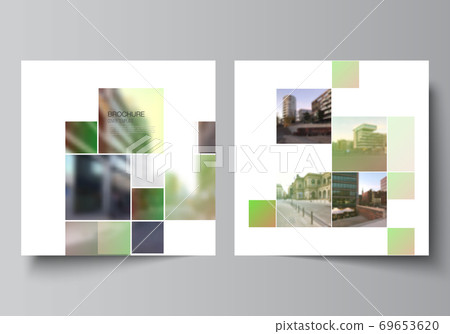 Vector layout of two square format covers design templates for brochure, flyer, magazine, cover design, book design, brochure cover. Abstract project with clipping mask green squares for your photo. Vector layout of two square format covers design templates for brochure, flyer, magazine, cover design, book design, brochure cover. Abstract project with clipping mask green squares for your photo. 69653620