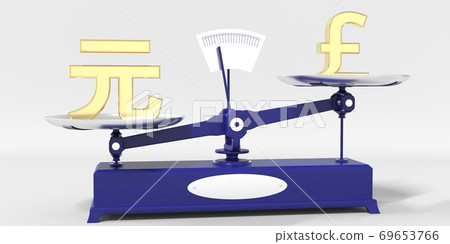 Yuan renminbi symbol outweighs Pound sterling sign on balance scales. Financial market trend conceptual 3d rendering 69653766