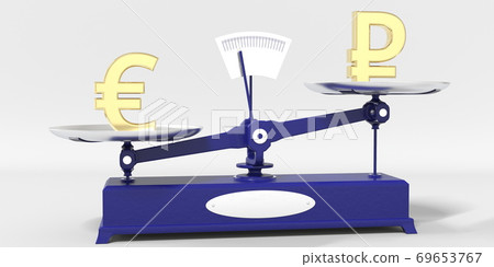 Euro symbol outweighs Ruble sign on balance scales. Financial market trend conceptual 3d rendering 69653767