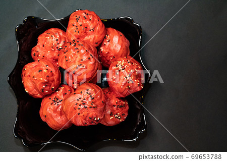 red appetizer buffet of custard dough with filling red appetizer buffet of custard dough with filling 69653788