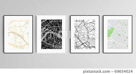 Realistic vector set of picture frames in A4 format isolated on gray background with urban city map of Paris. 69654024