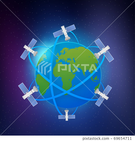 Artificial satellites orbiting the planet Earth. Artificial satellites orbiting the planet Earth, GPS. Vector stock illustration. 69654711