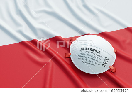 Coronavirus medical surgical face mask on the Polish national flag Coronavirus medical surgical face mask on the Polish national flag 69655471