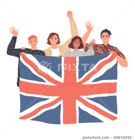 Group of people are holding the British flag. Learn English Group of people are holding the British flag. Learn English 69656092