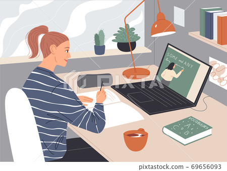 Woman watching video lecture on laptop screen Woman watching video lecture on laptop screen 69656093