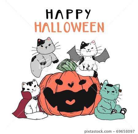 cute funny cat friend gang group in Halloween costume with smile craved pumpkin flat vector doodle cartoon clip art element for sticker, planner, greeting card, printable, nuresery wall art. 69658097