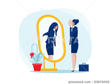 Depression Mask.business woman standing with mirror and seeing themselves as shadow behind. depression and melancholy concept of self confidence at work, vector illustration. Depression Mask.business woman standing with mirror and seeing themselves as shadow behind. depression and melancholy concept of self confidence at work, vector illustration. 69659409