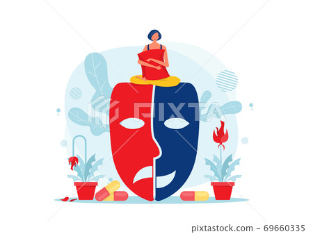 woman suffering from depression. sleeping pills, mask. Stress, depression and sleeping problems concept woman suffering from depression. sleeping pills, mask. Stress, depression and sleeping problems concept 69660335