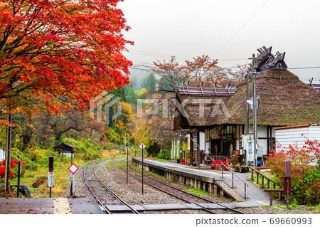 Aizu Railway Yunokami Onsen Station during the fall foliage season Shimogo Town, Fukushima Prefecture 69660993