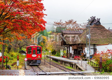 Aizu Railway Yunokami Onsen Station during the fall foliage season Shimogo Town, Fukushima Prefecture 69660995