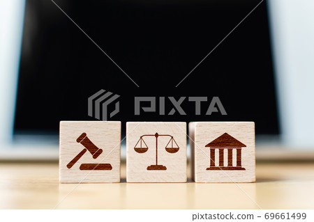 Wooden block cube shape with icon law legal justice 69661499
