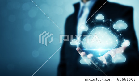 Businessman hand holding cloud server information data device 69661505