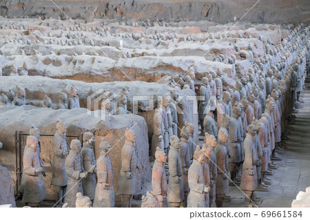 The Terracotta Army warriors at the Mausoleum of sculptures depicting the armies of Qin Shi Huang,  69661584