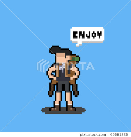 Pixel art cartoon backpacker character design saying "enjoy". 69661886