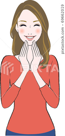 一個美麗的女人,撫摸她的臉帶著微笑的插圖 一個美麗的女人,撫摸她的臉帶著微笑的插圖 69662019