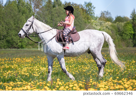 Little girl rides a white horse at sunny day, close-up 69662346