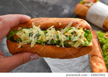 One hot-dog with mustard, ketchup, lettuce, cheese. Close up. Dark background. Woman hold a hot-dog in hands One hot-dog with mustard, ketchup, lettuce, cheese. Close up. Dark background. Woman hold a hot-dog in hands 69665802