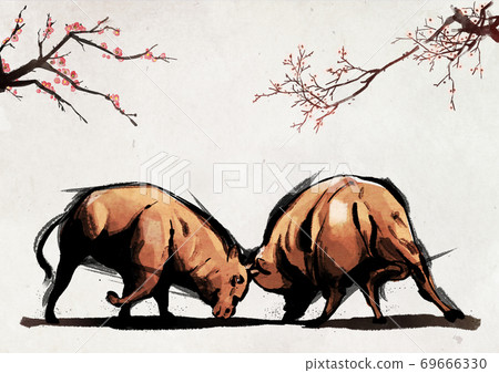 New year 2021, year of the ox ink painting illustration 004 69666330