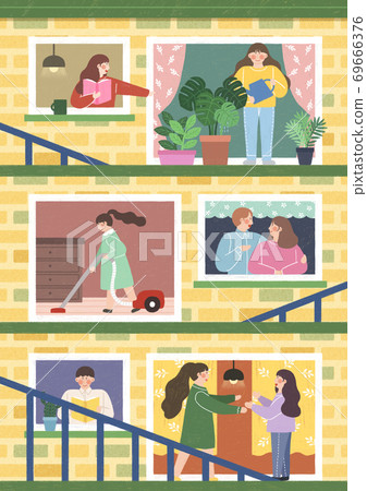 Human life concept, windows with neighbors in flat design illustration 010 69666376