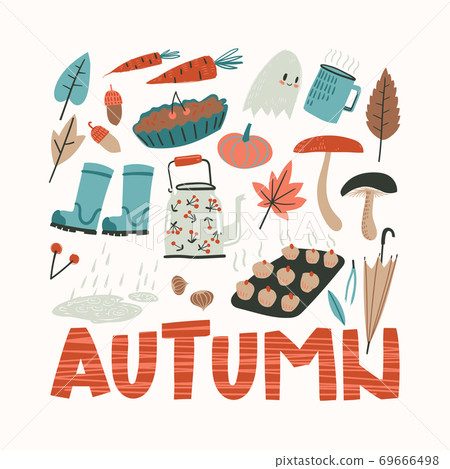 Poster with fall doodle elements. Cozy things, clothes, harvest, food and nature. 69666498