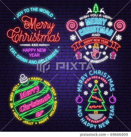 We wish you a very sweet Christmas and Happy New Year neon sign with snowflakes, classic red christmas truck Vector. Neon design for xmas, new year emblem, bright signboard, light banner. Night 69666809