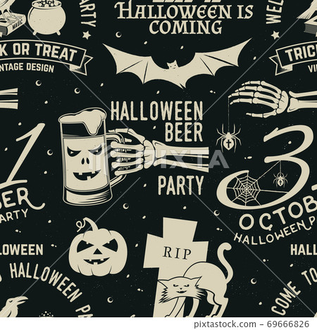 Set of Halloween celebration seamless pattern with retro grunge effect. Vector. Halloween party retro badges. Background, wallpaper, seamless pattern with patches 69666826