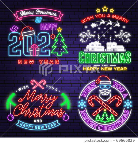 We wish you a very sweet Christmas and Happy New Year neon sign with snowflakes, christmas candy, cookie. Neon design for xmas, new year emblem, bright signboard, light banner. Night signboard 69666829