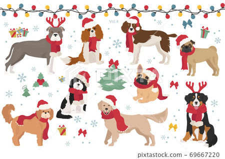 Dog characters in Santa hats and scarves. Christmas holiday design 69667220