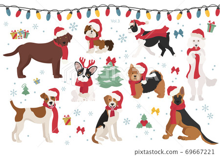 Dog characters in Santa hats and scarves. Christmas holiday design 69667221