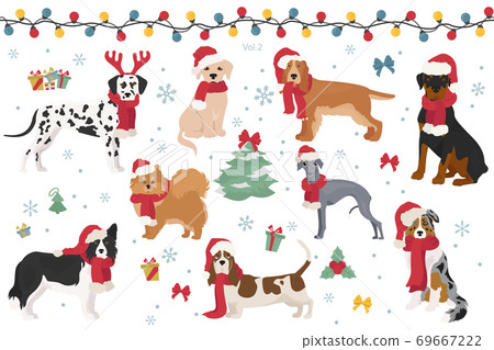 Dog characters in Santa hats and scarves. Christmas holiday design 69667222