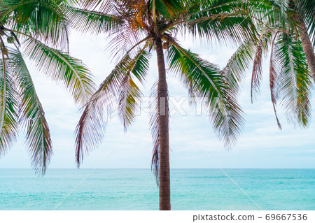 Tropical nature clean beach and white sand in summer with sun light blue sky and bokeh background. Tropical nature clean beach and white sand in summer with sun light blue sky and bokeh background. 69667536