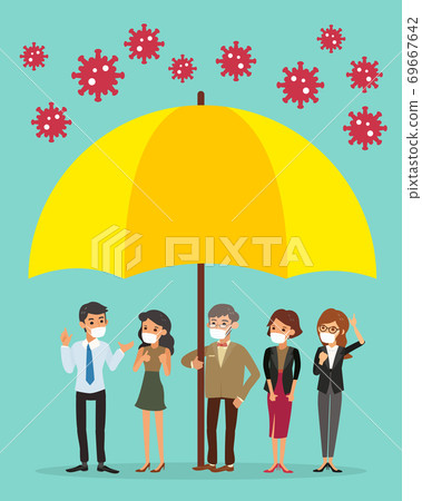 Covid-19 protection concept illustration. Team of business people under big umbrella, safe from coronavirus. 69667642