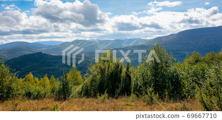 mountainous countryside in autumn. beautiful nature on a sunny day. dry grass on the meadow. ridge in the distance. clouds on the sky mountainous countryside in autumn. beautiful nature on a sunny day. dry grass on the meadow. ridge in the distance. clouds on the sky 69667710